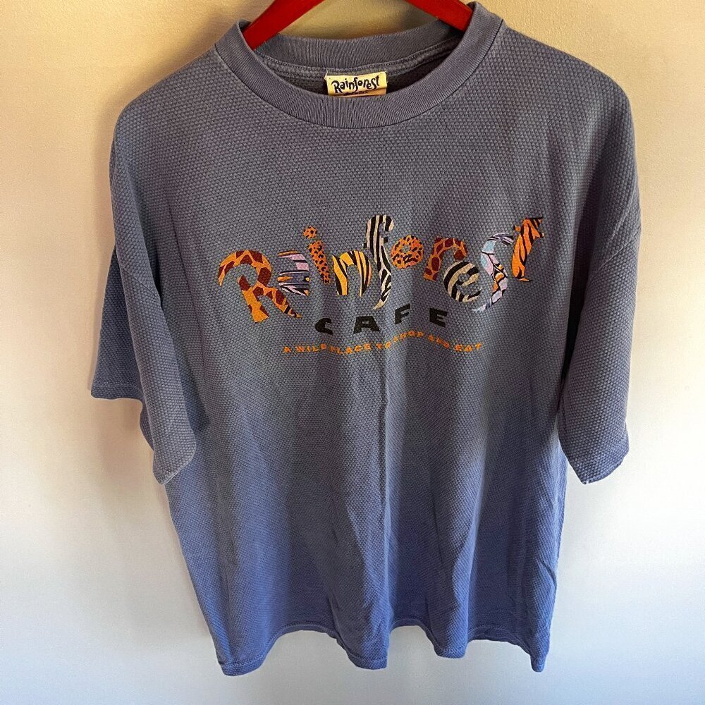 Rainforest Cafe T-Shirt Tee Blue Waffle Material Graphic Sz. XL Made in USA Blue